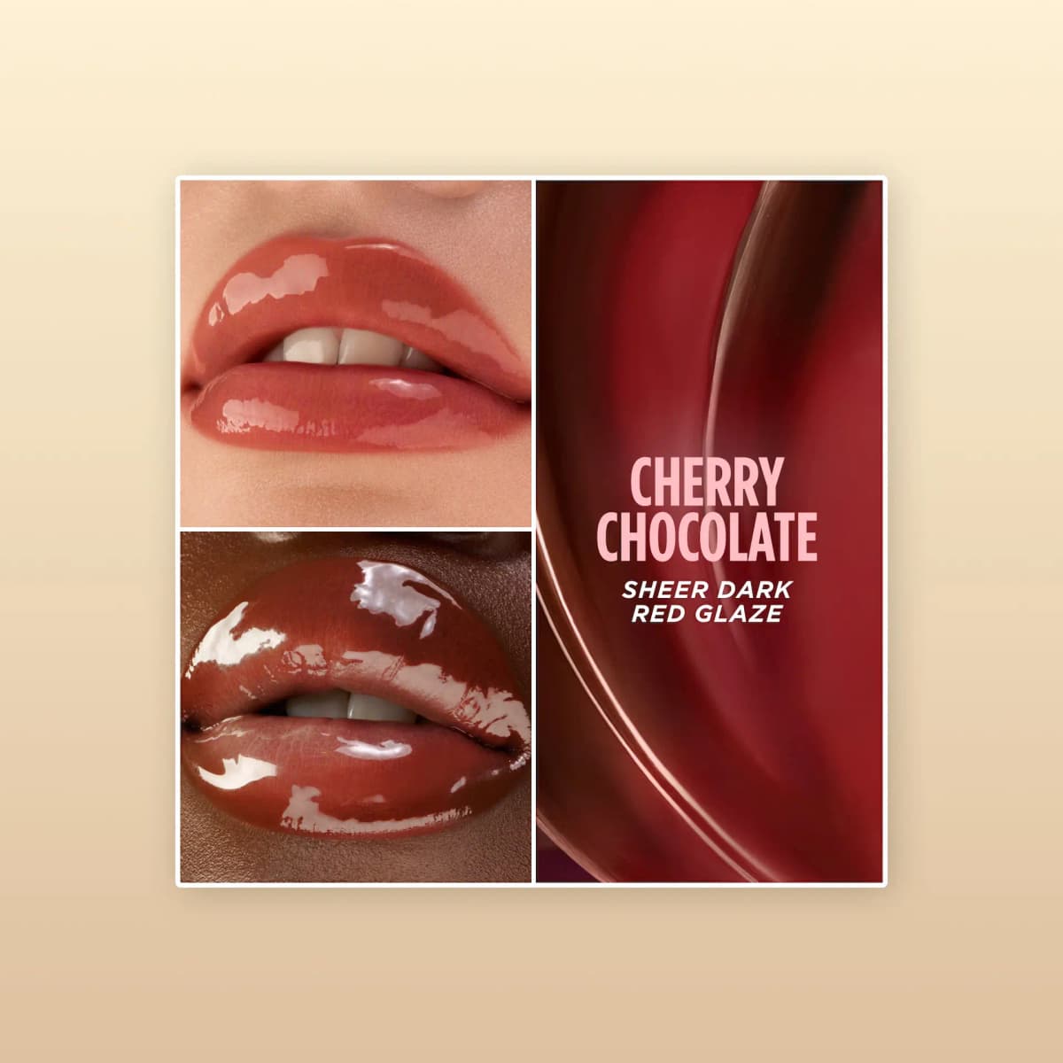Cherry Chocolate sheer dark red glaze on light and deep lips beside a glossy red swirl