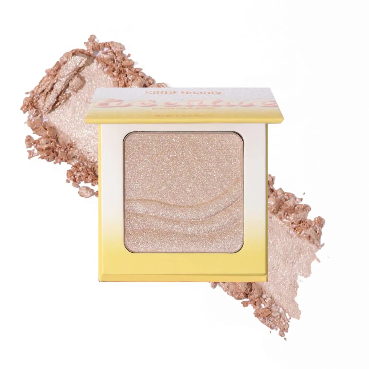 Pale pearl-pink glazed highlighter compact over soft rosy shimmer swatch