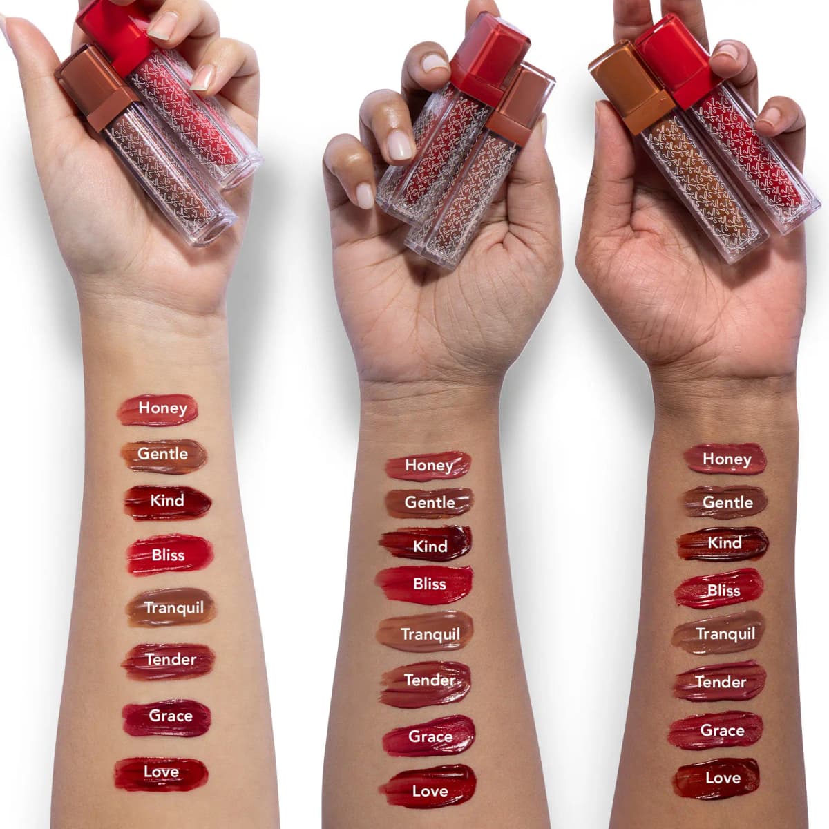 Three arms of different skin tones swatched with Honey, Gentle, Kind, Bliss, Tranquil, Tender, Grace and Love