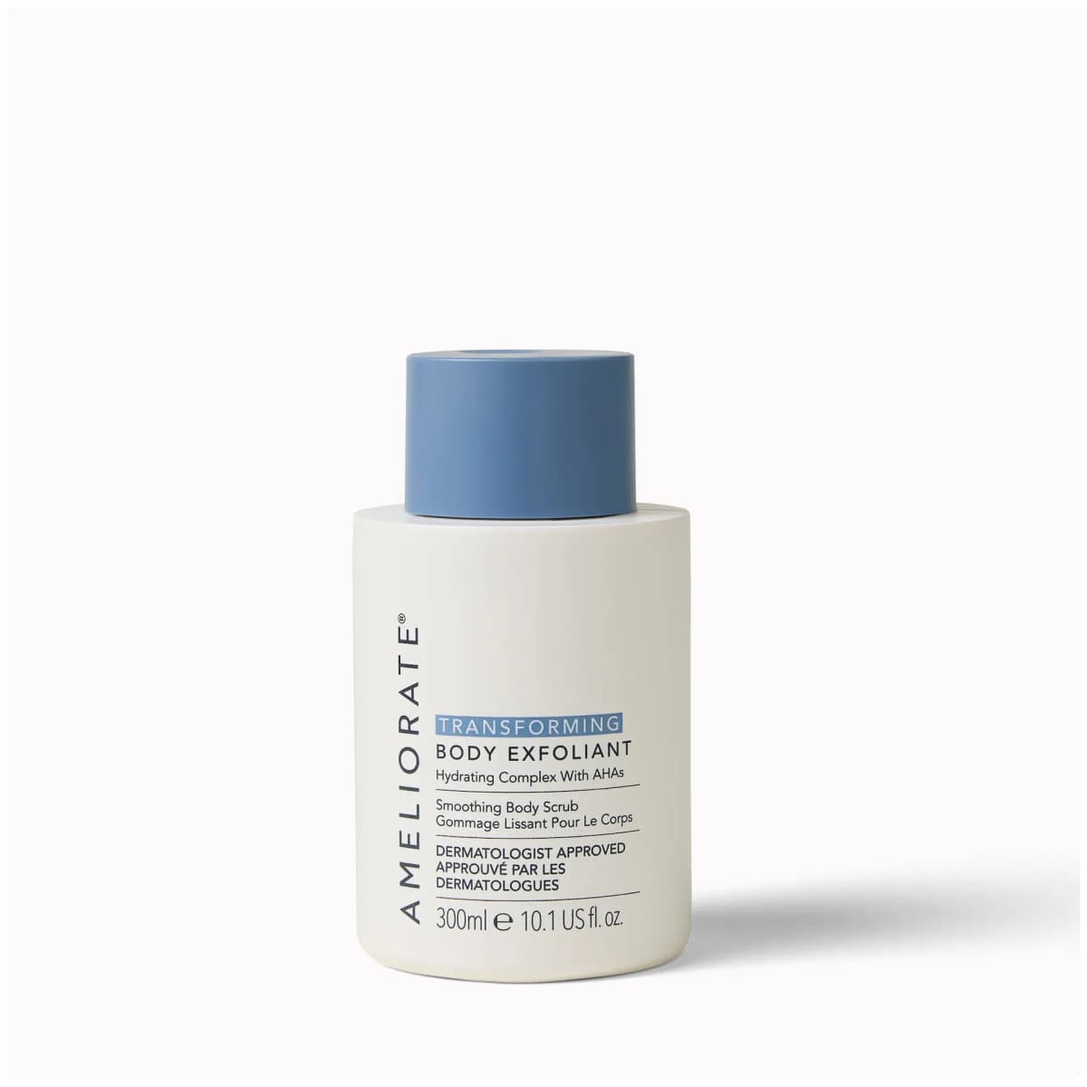 White AMELIORATE Transforming Body Exfoliant bottle with a dusty blue cap, 300ml