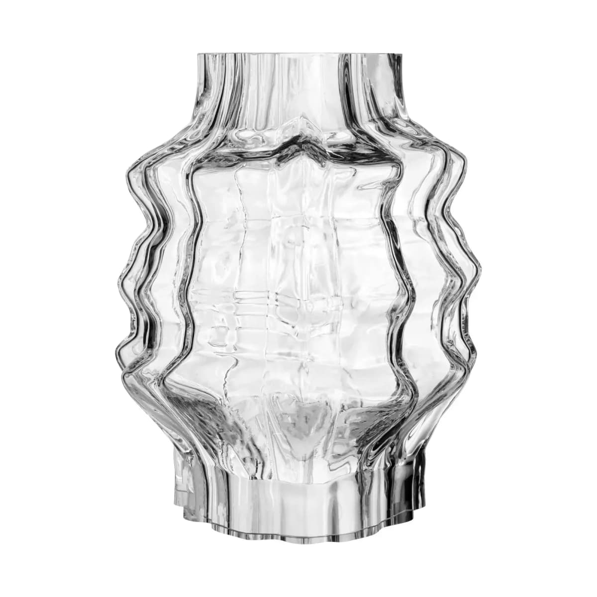 Empty wavy-ribbed clear glass hurricane with narrow neck and ridged base on white
