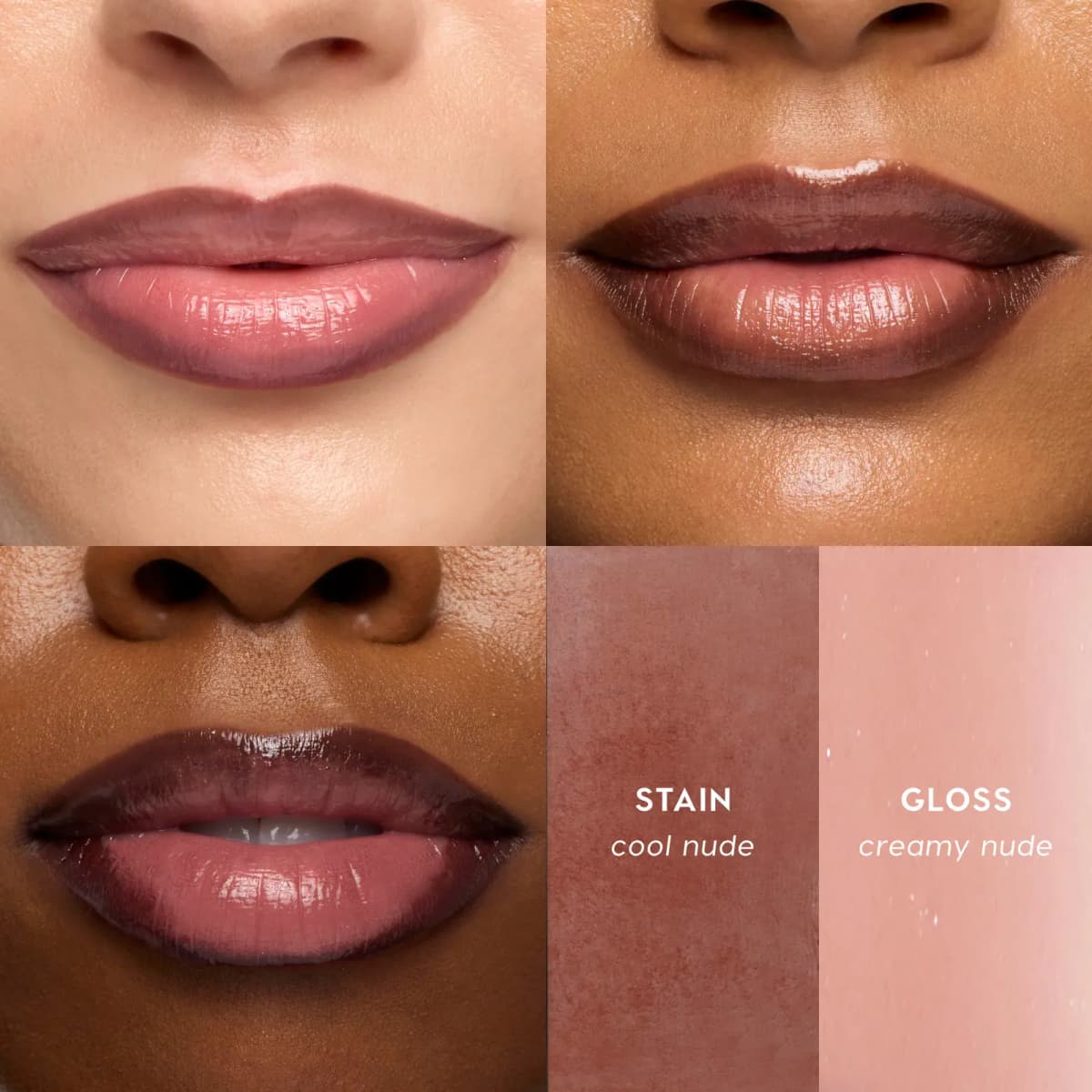 Three lip looks with cool nude stain lined around creamy nude gloss, plus labelled stain and gloss swatches