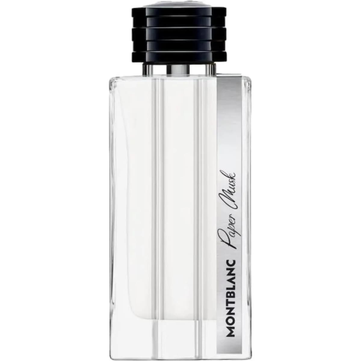 Montblanc Paper Musk clear rectangular bottle with ribbed black cap and brushed silver label strip