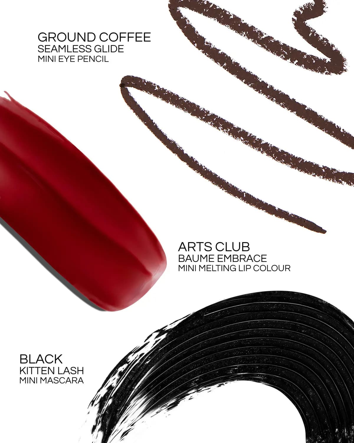 Swatches of Ground Coffee eye pencil, Arts Club Baume Embrace lip colour and Black Kitten Lash mascara