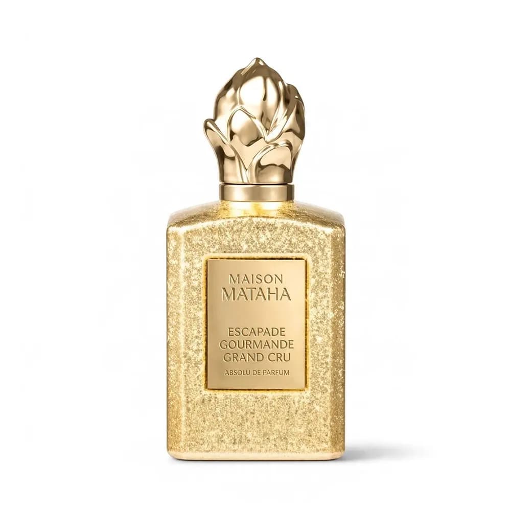 Textured gold bottle with bud-shaped metallic cap and engraved gold label, front view on white background