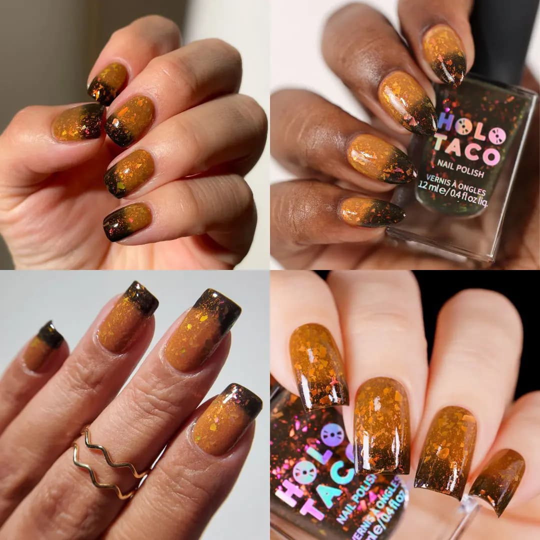 Four swatches of orange jelly with flakes fading to black at the tips, on light and deep skin tones