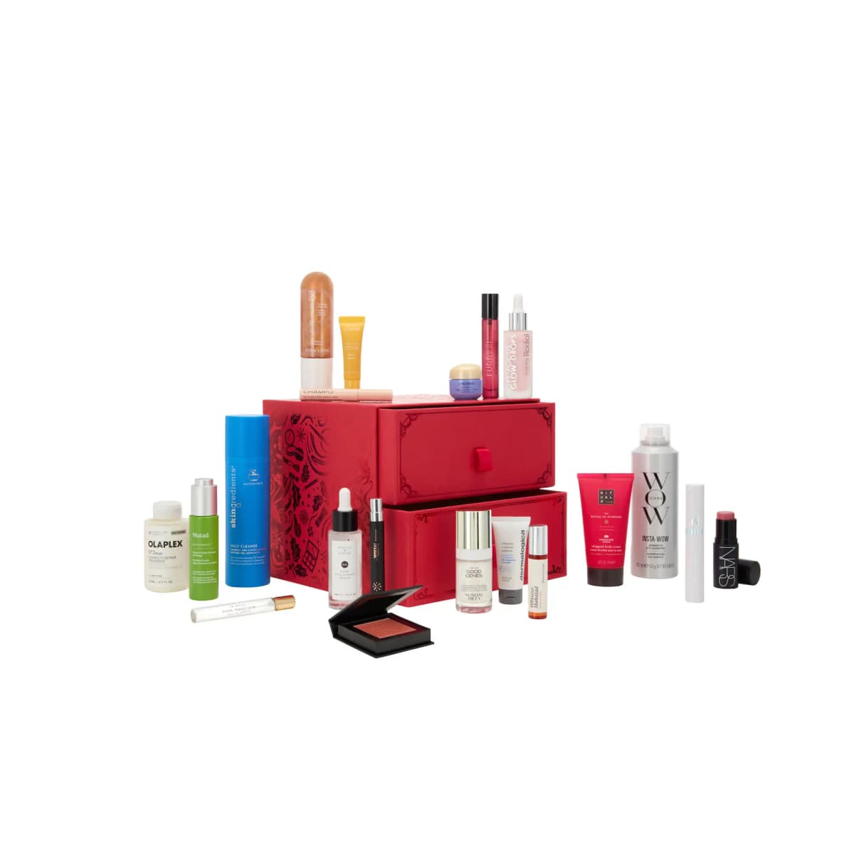 Full contents arranged around the red chest with both drawers on a white background