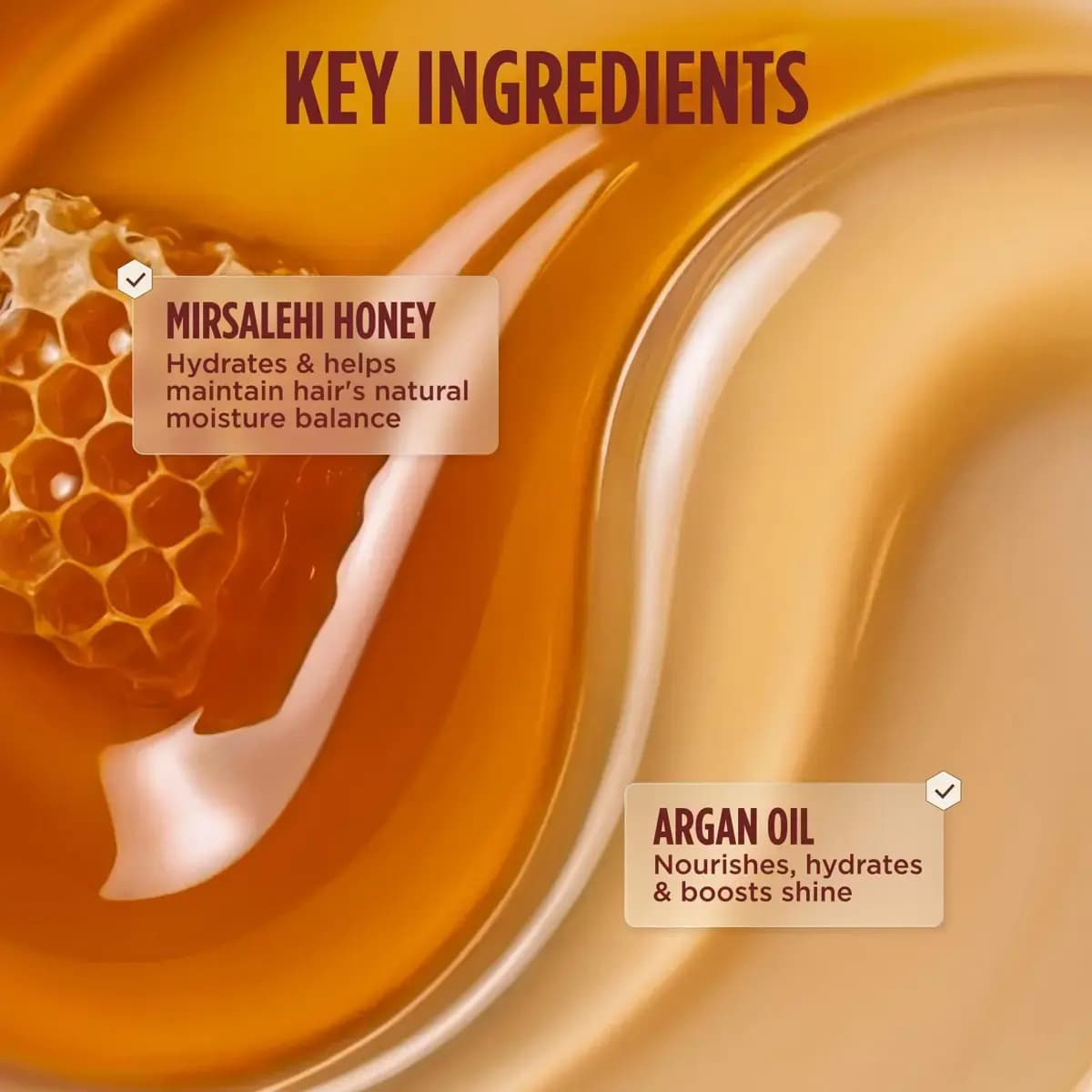 Swirling golden honey and creamy oil textures with a honeycomb piece, labelled Mirsalehi Honey and argan oil