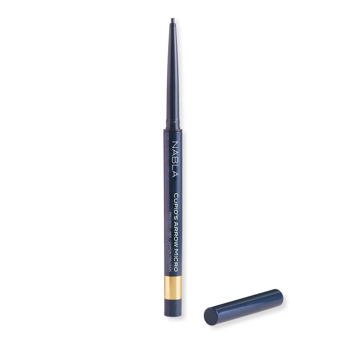 NABLA Cupid's Arrow Micro pencil in Blue Amber, a sparkly midnight-blue barrel with gold band beside its cap.