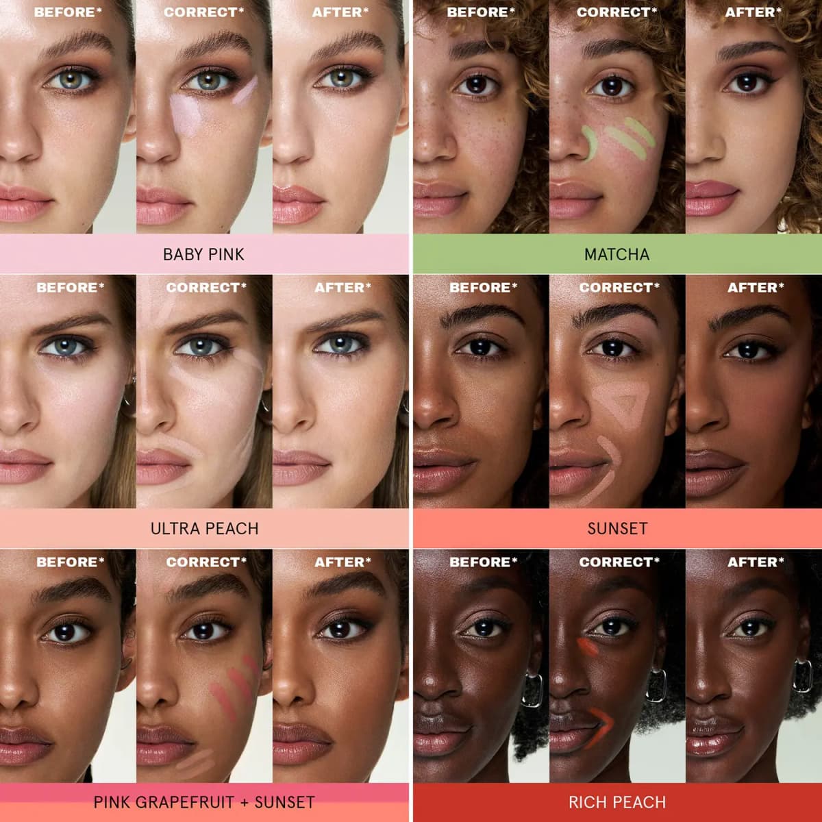 Before, correct and after-foundation grid showing each Ultimate Color Corrector Stain shade on models from fair to deep skin