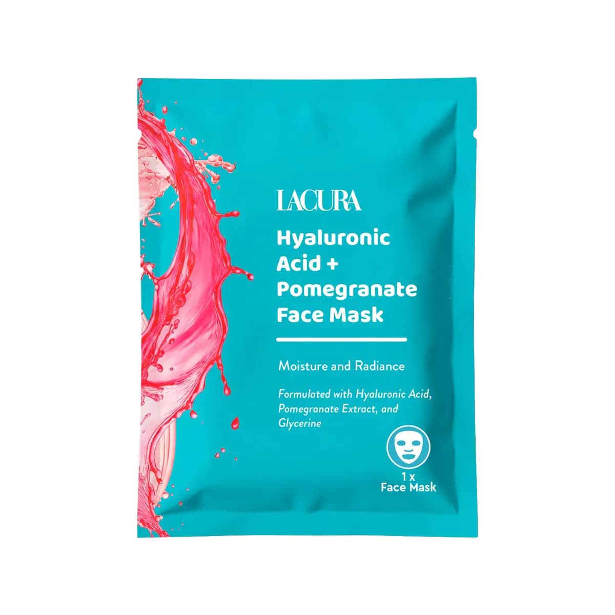 Turquoise sachet of Lacura Hyaluronic Acid + Pomegranate Face Mask with a pink liquid splash design