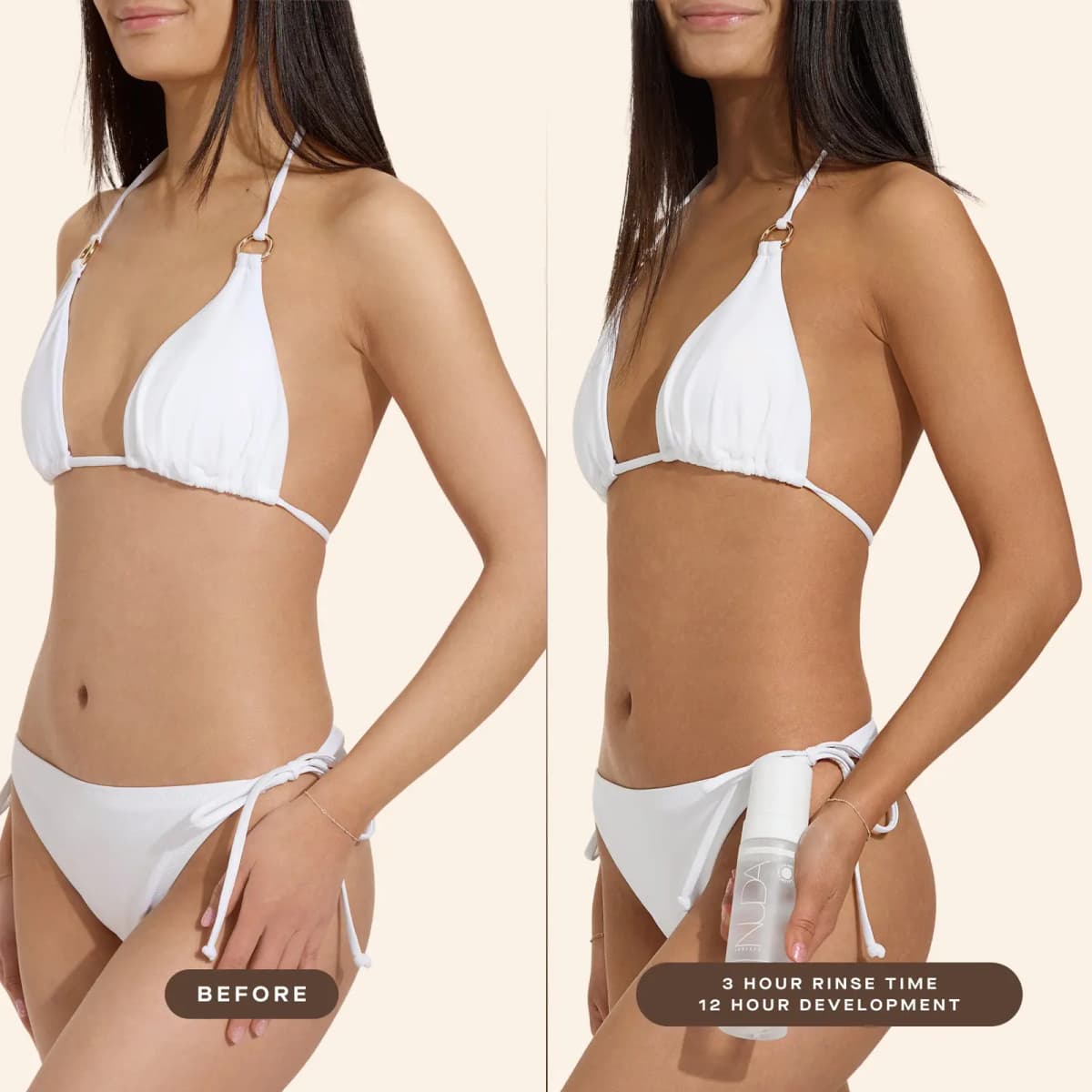 Before and after torso of a model in a white bikini showing a deep bronze tan, 3 hour rinse, 12 hour development.