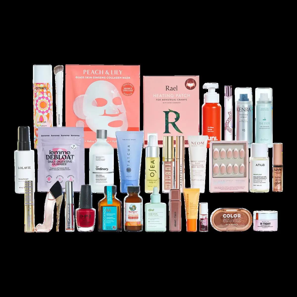 Flat lay of all calendar products incl. Peach & Lily mask, Rael patch, OPI polish, Moroccanoil and Color Snack duo
