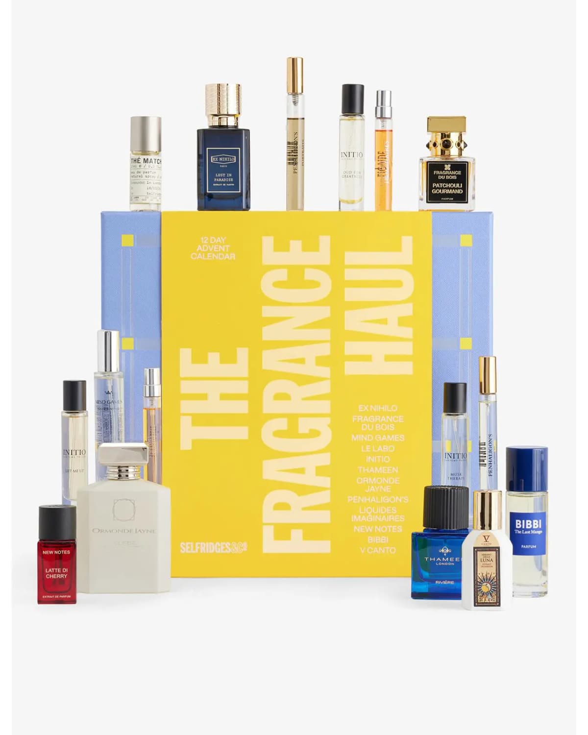 Closed calendar front with Ex Nihilo, Initio, New Notes, Thameen, Bibbi and other bottles arranged around it