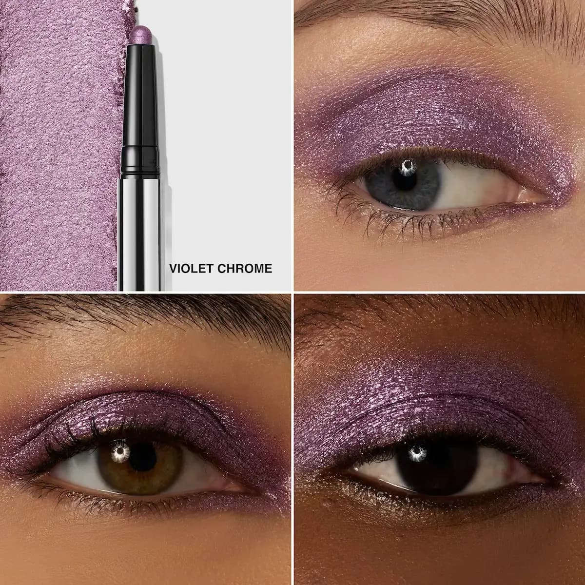 Violet Chrome shadow stick and swatch beside three close-up eyes wearing the shimmering purple shade on varied skin tones.
