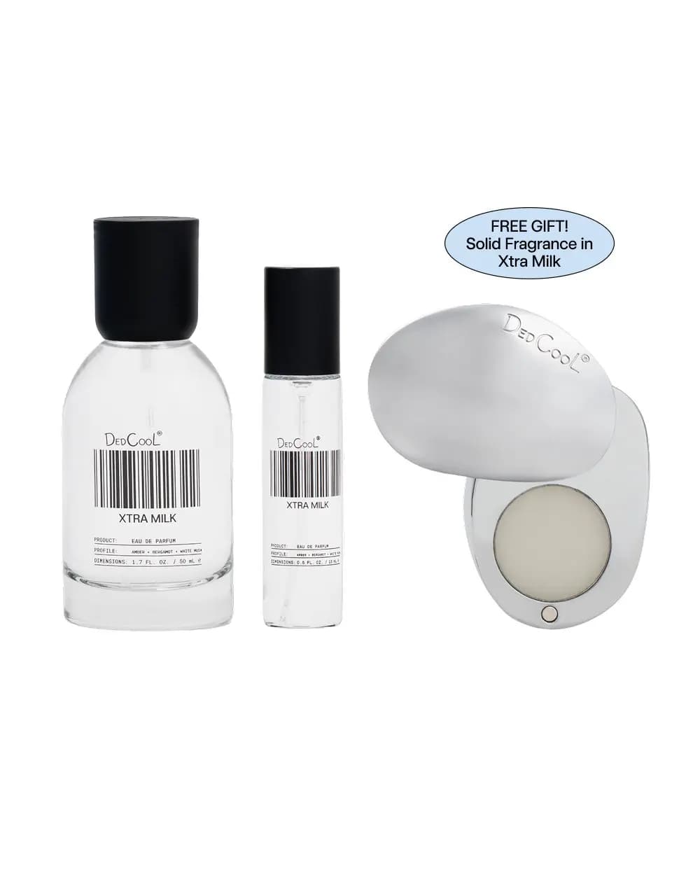 Xtra Milk 50 mL and 15 mL clear bottles with black caps beside an open silver solid fragrance compact