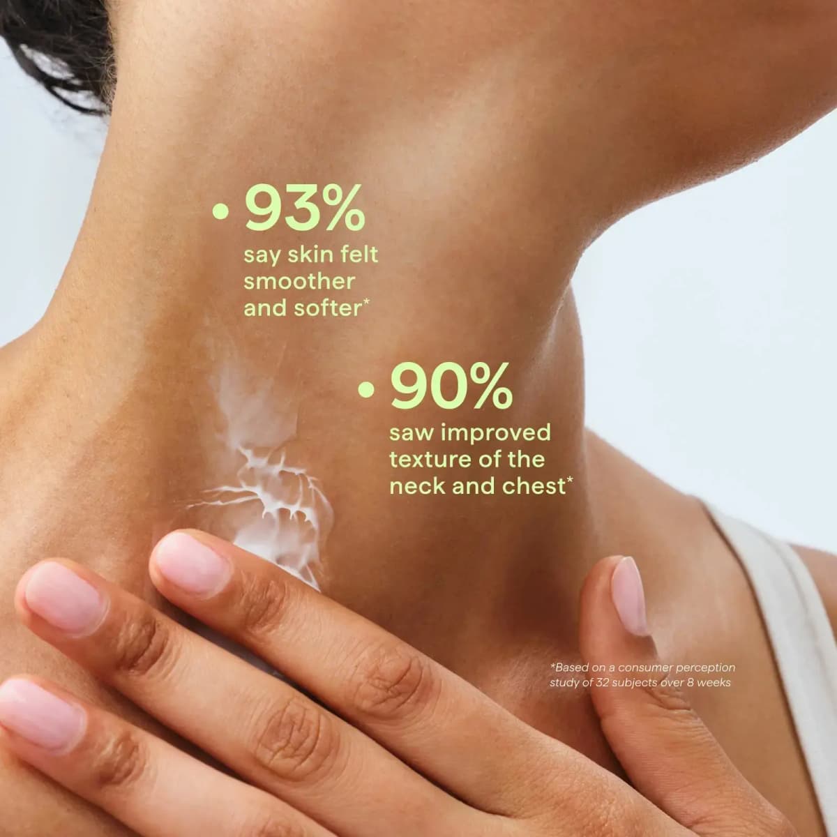 Woman's neck with white serum swirl and fingers, overlaid with 93% smoother and 90% improved texture stats
