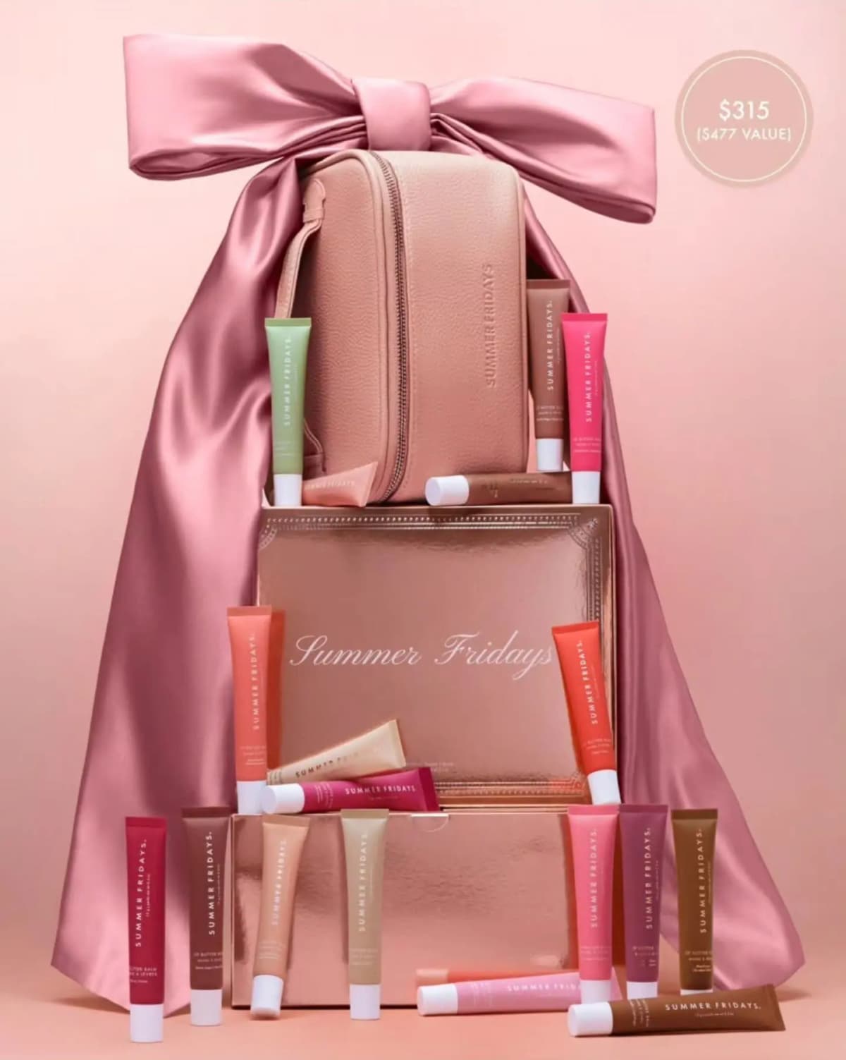 Summer Fridays Lip Butter Balm Vault: pink vanity case and rose-gold boxes with colourful tubes, satin bow, $315 badge
