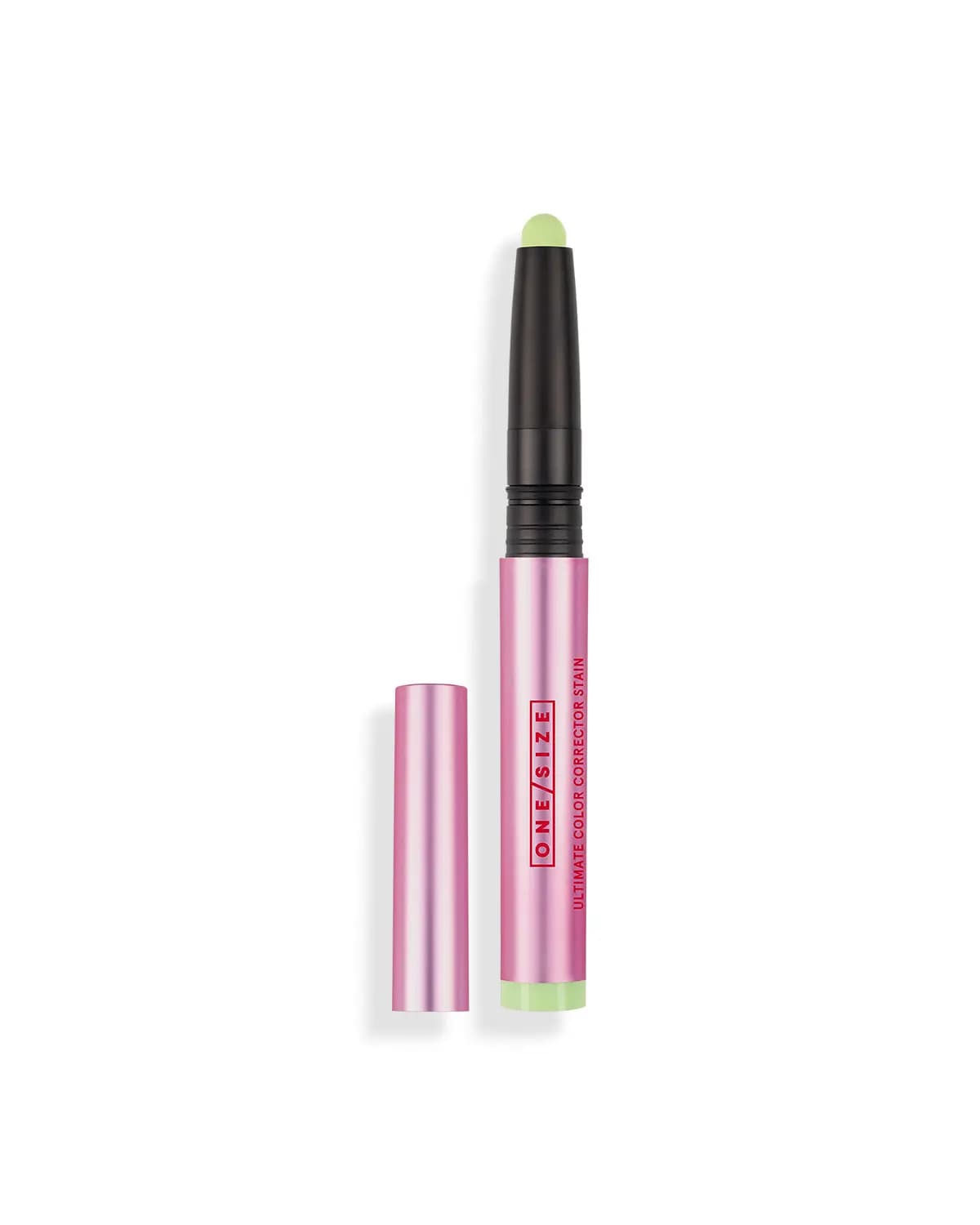 ONE/SIZE Ultimate Color Corrector Stain stick in Matcha, pale green tip with black and metallic pink barrel, cap set aside