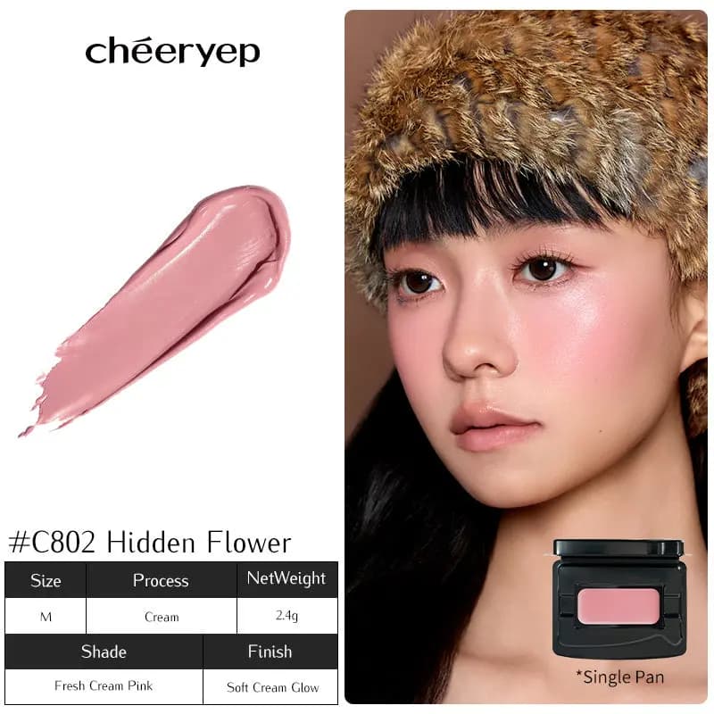 C802 Hidden Flower fresh cream pink swatch and a model in a fur hat with rosy pink cheeks