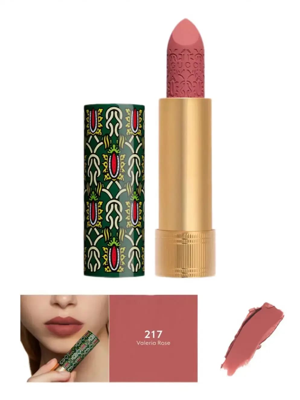 Gucci lipstick 217 Valeria Rose: muted rose bullet in gold tube with patterned green cap and model wearing the shade