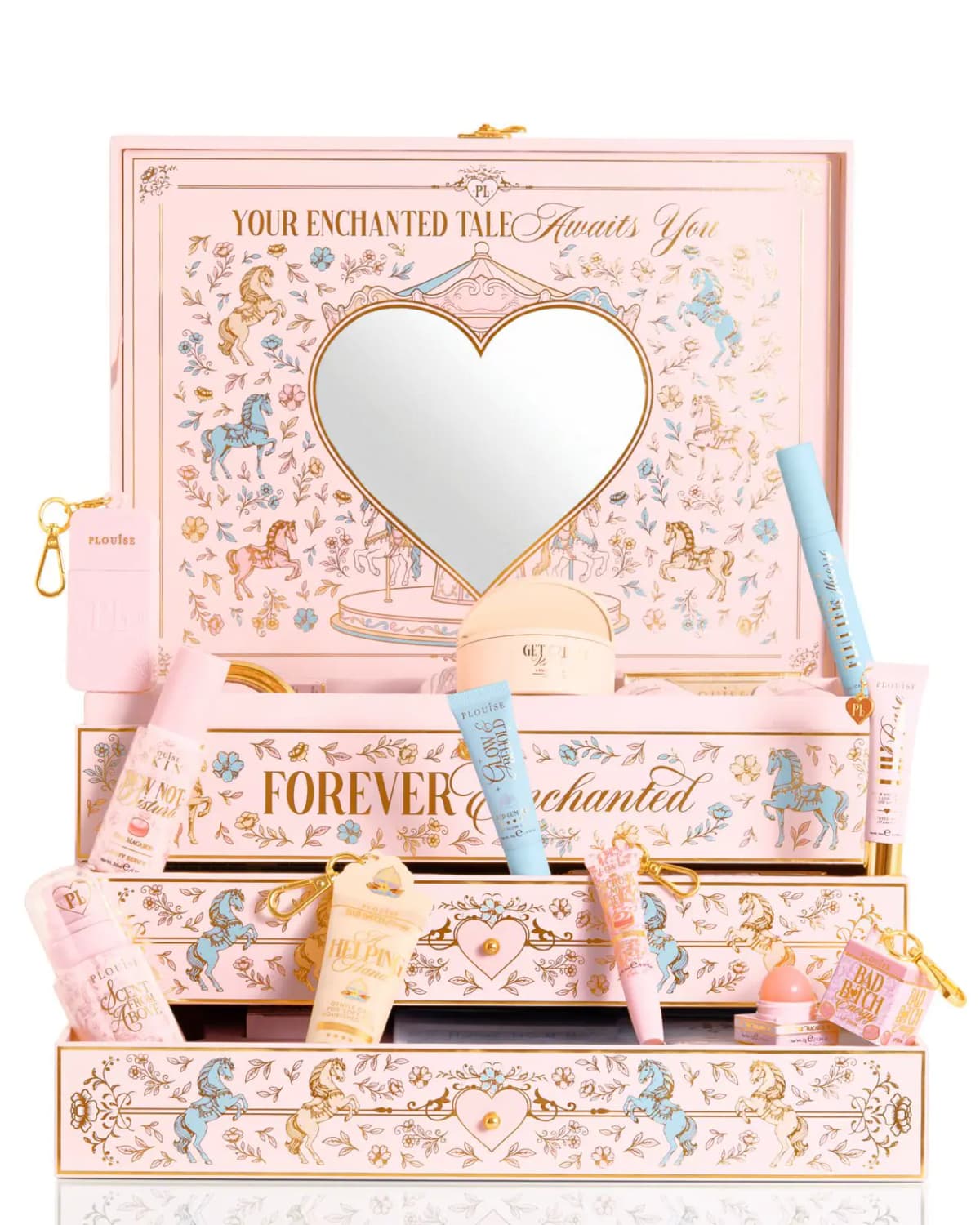 Forever Enchanted Christmas PR Box open, showing the heart-mirror lid, carousel-print drawers and P.Louise gift sets