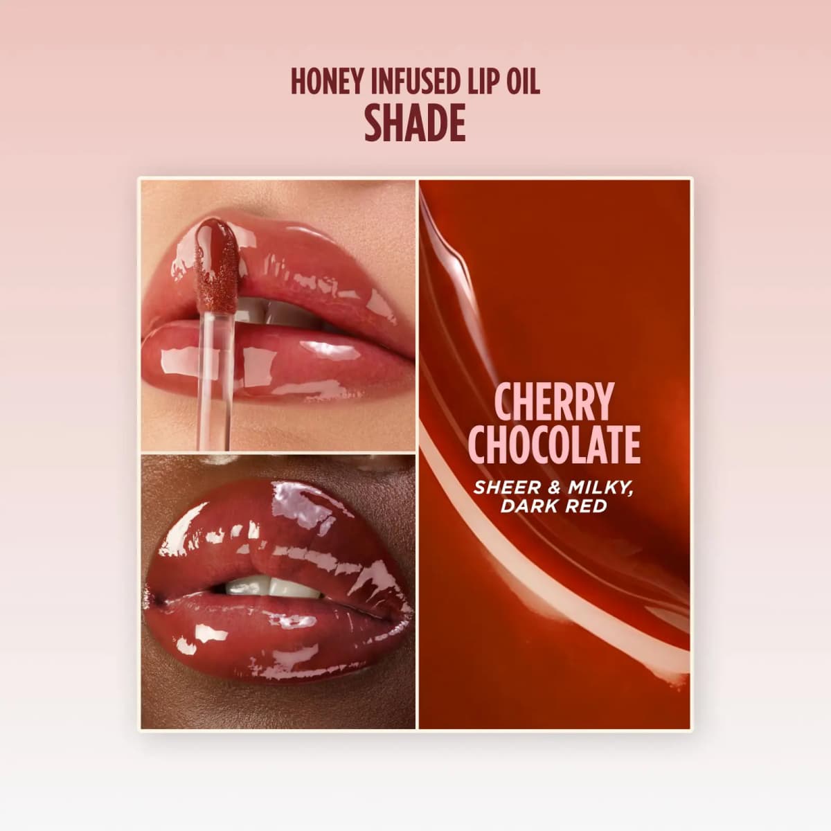 Doe-foot applicator and glossy lips on two skin tones beside a rust swatch, cherry chocolate sheer and milky dark red