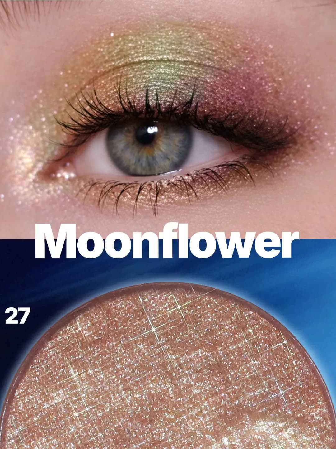 Eye with olive-gold and plum 027 Moonflower duo-chrome shadow above a close-up of its glittery bronze pan