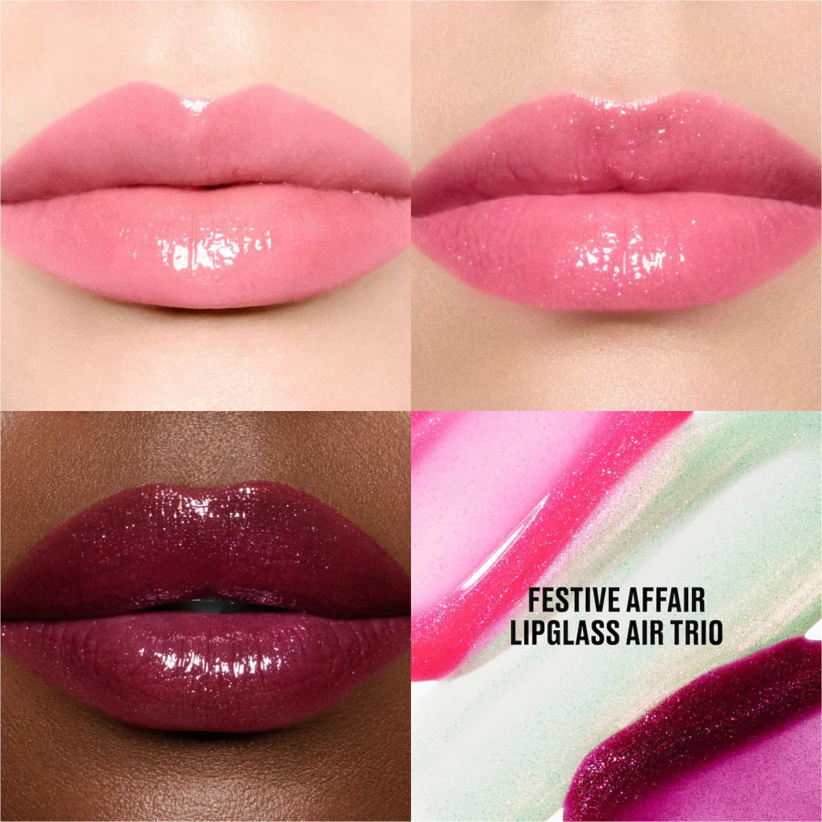 Festive Affair Lipglass Air Trio: glossy pink lips, shimmery pink lips, plum glitter lips on deep skin, and gloss swatches.
