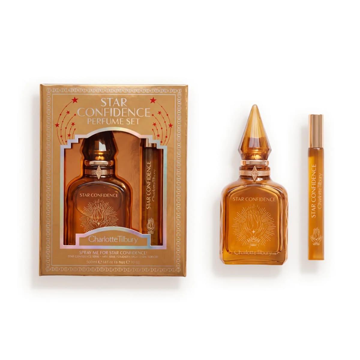 Star Confidence Perfume Set in a gold box beside an amber bottle with pointed cap and a slim travel spray