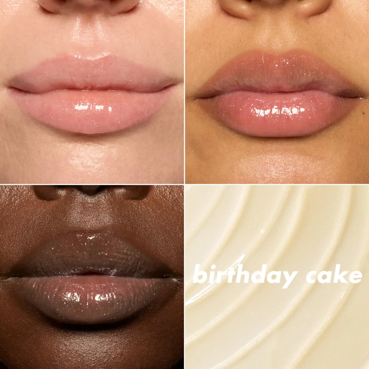 Birthday Cake lip balm swatched on light, medium and deep lips, with a close-up of the pale shimmery balm