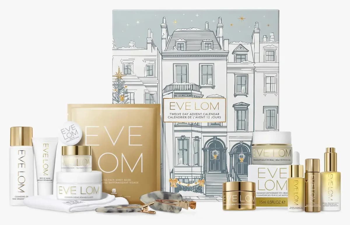 EVE LOM advent calendar box with its skincare jars, bottles, gold sheet mask