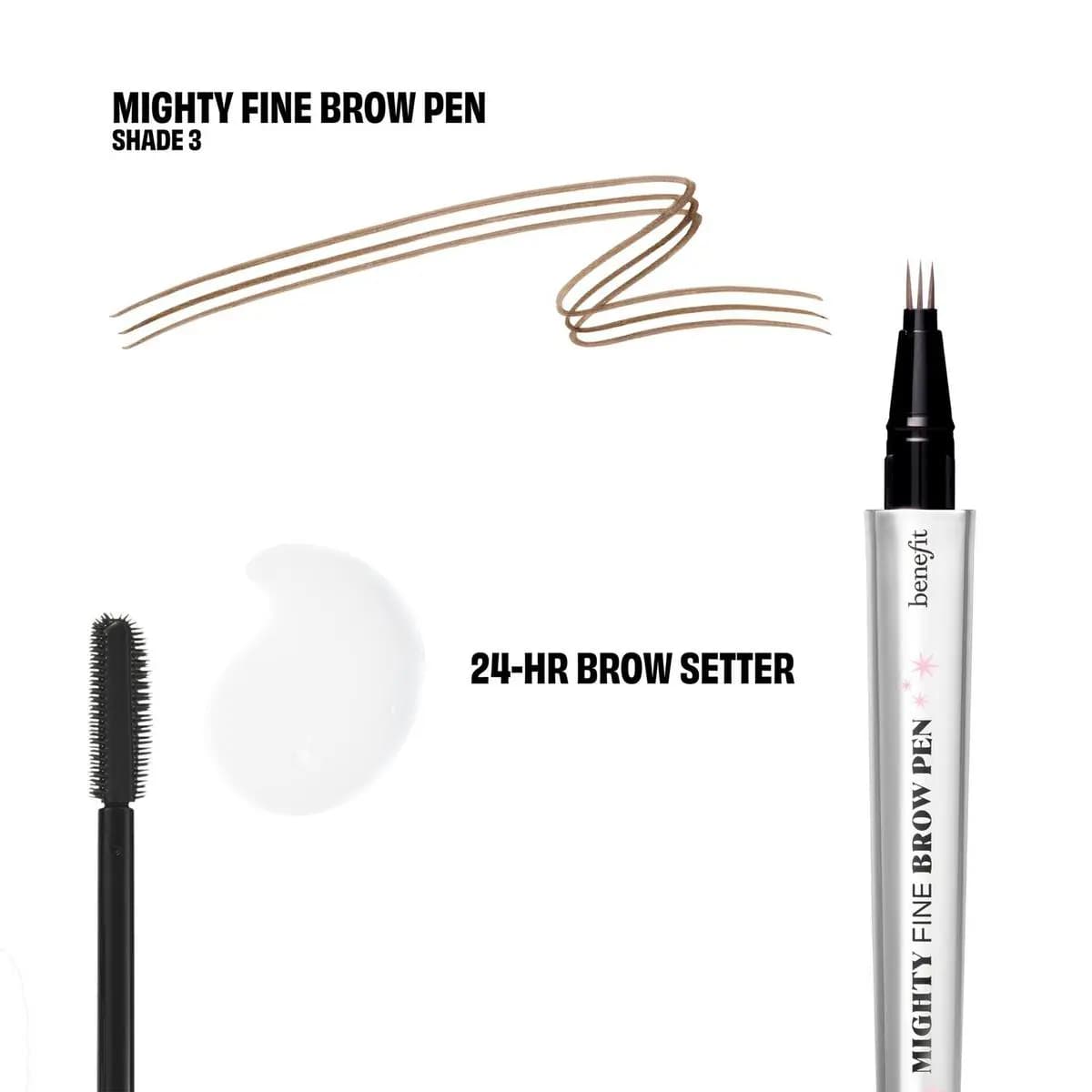 Mighty Fine Brow Pen Shade 3 taupe three-line stroke beside clear 24-HR Brow Setter gel and spoolie