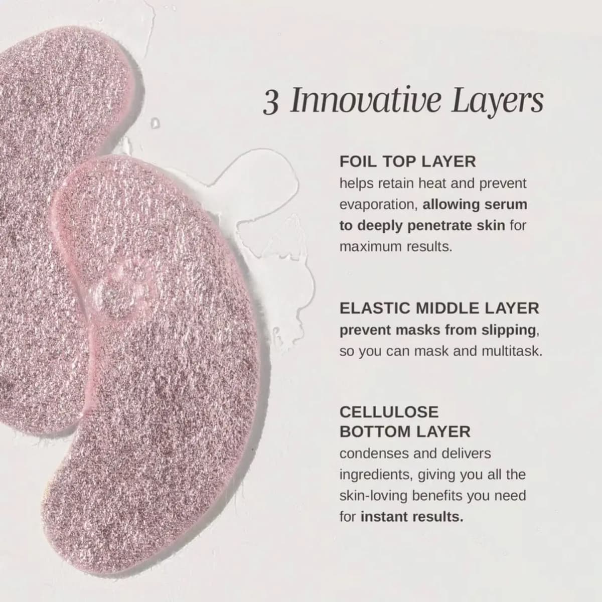 Close-up of pink foil eye masks in clear serum beside text explaining three layers: foil, elastic and cellulose