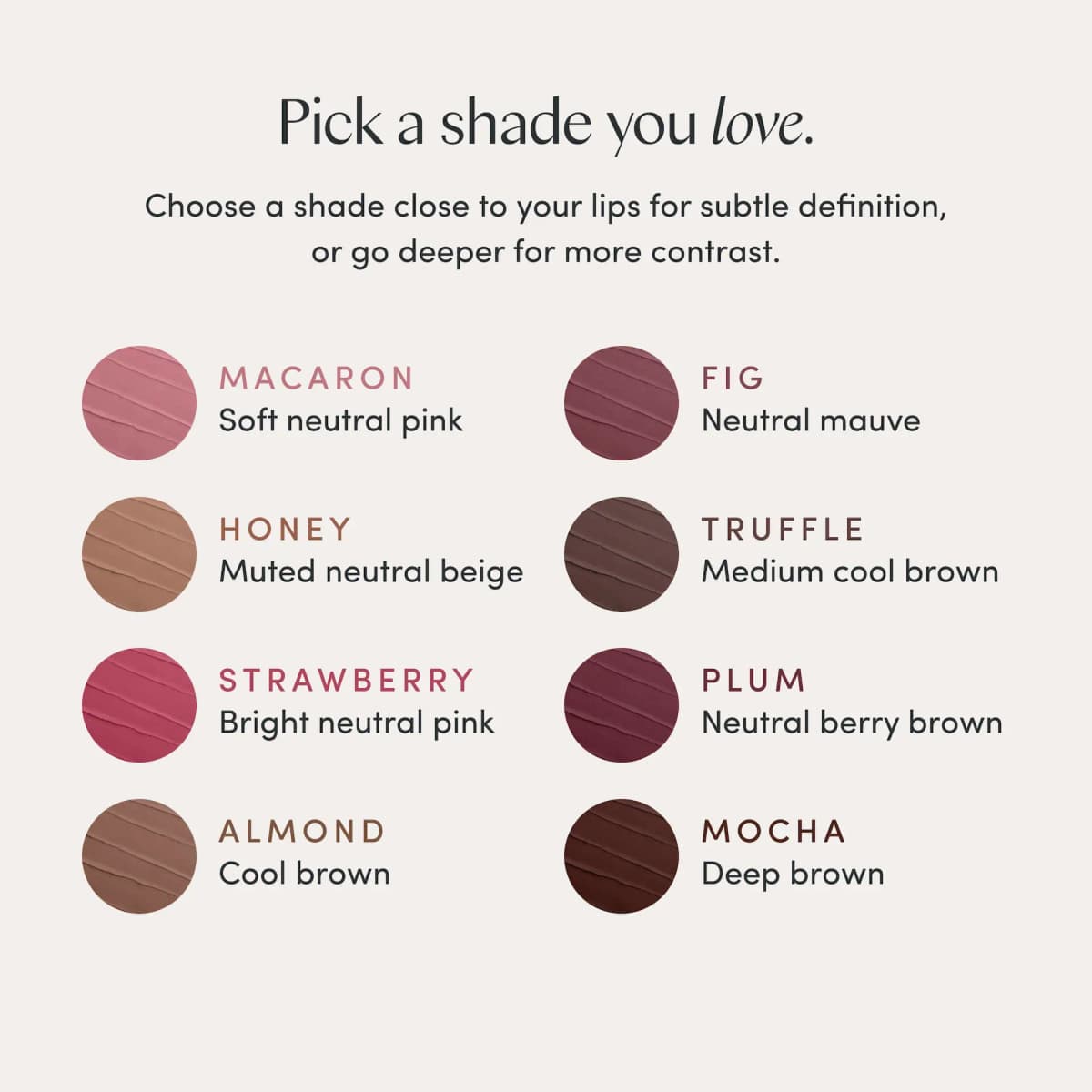 Shade chart of eight round swatches: Macaron, Honey, Strawberry, Almond, Fig, Truffle, Plum and Mocha.
