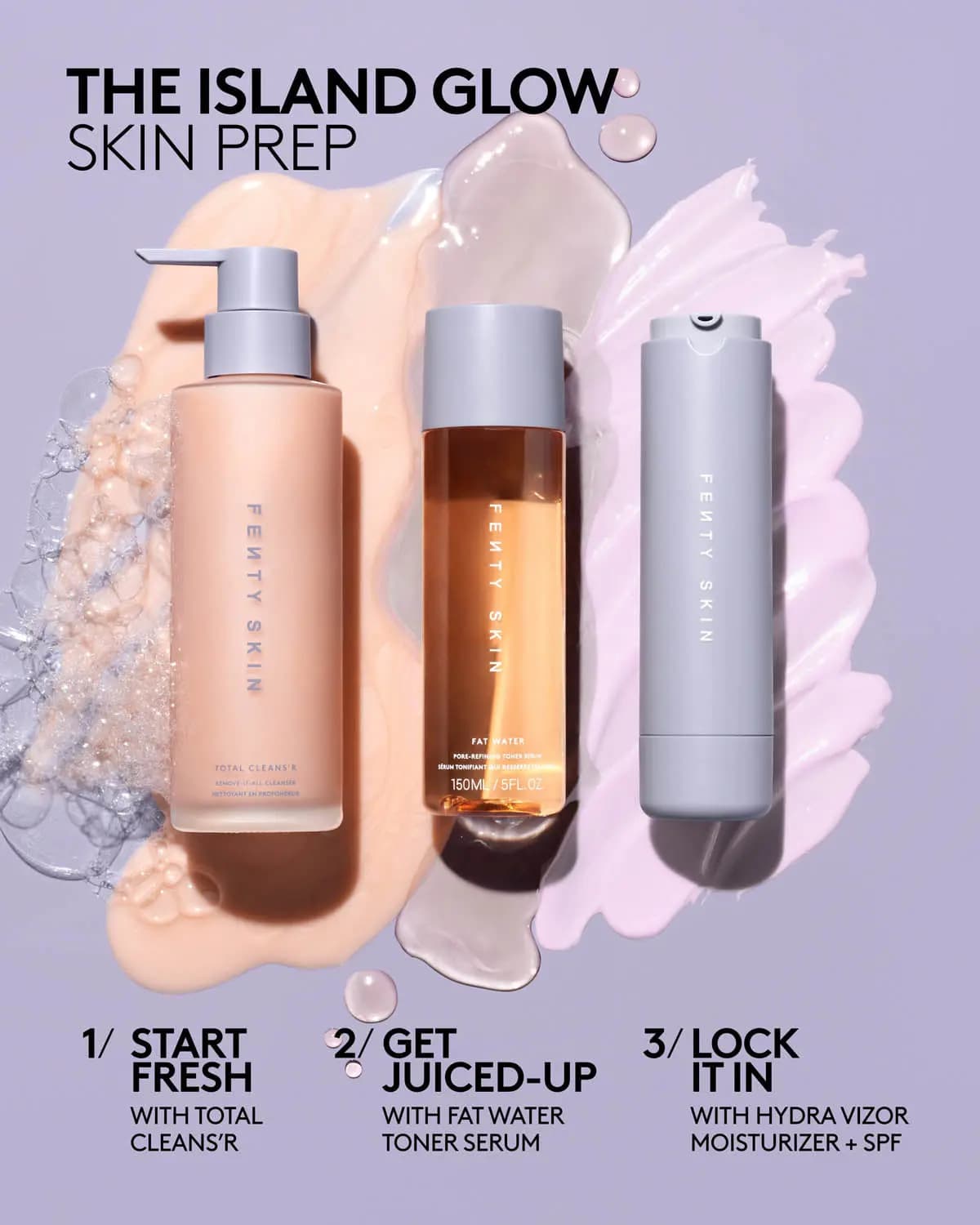 Three Fenty Skin bottles laid flat with cream swatches showing cleanser, toner and moisturiser routine steps