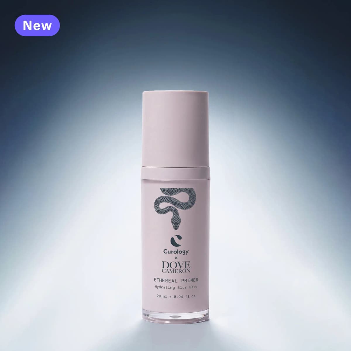 Dusty pink Ethereal Primer pump bottle with a grey snake graphic and clear base
