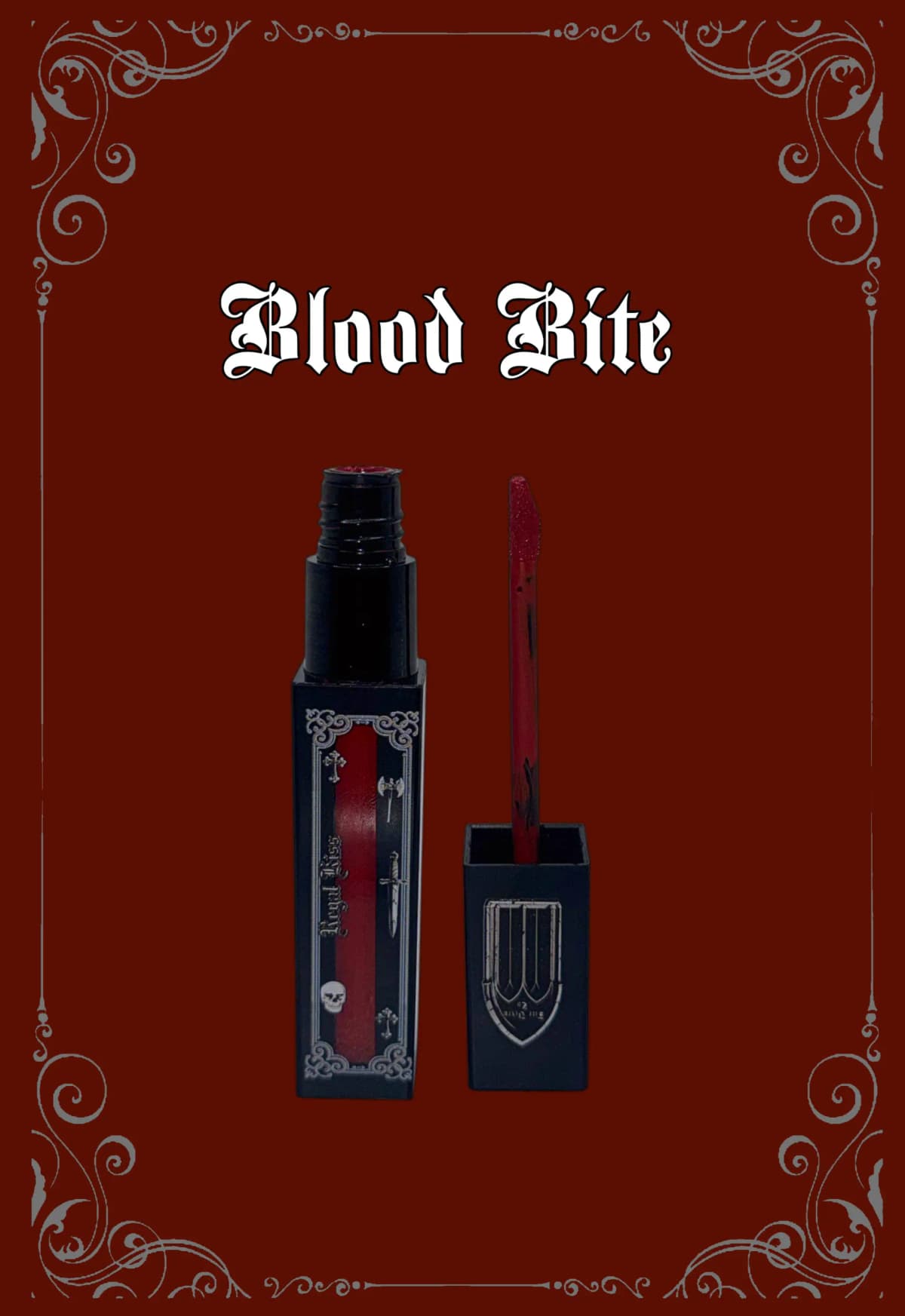 Blood Bite tube open beside its applicator on a deep red background with silver scroll corners.