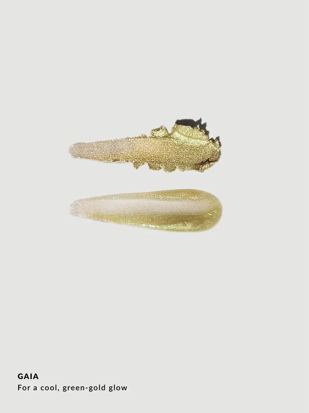 Green-gold shimmer swatches labelled Gaia for a cool, green-gold glow.