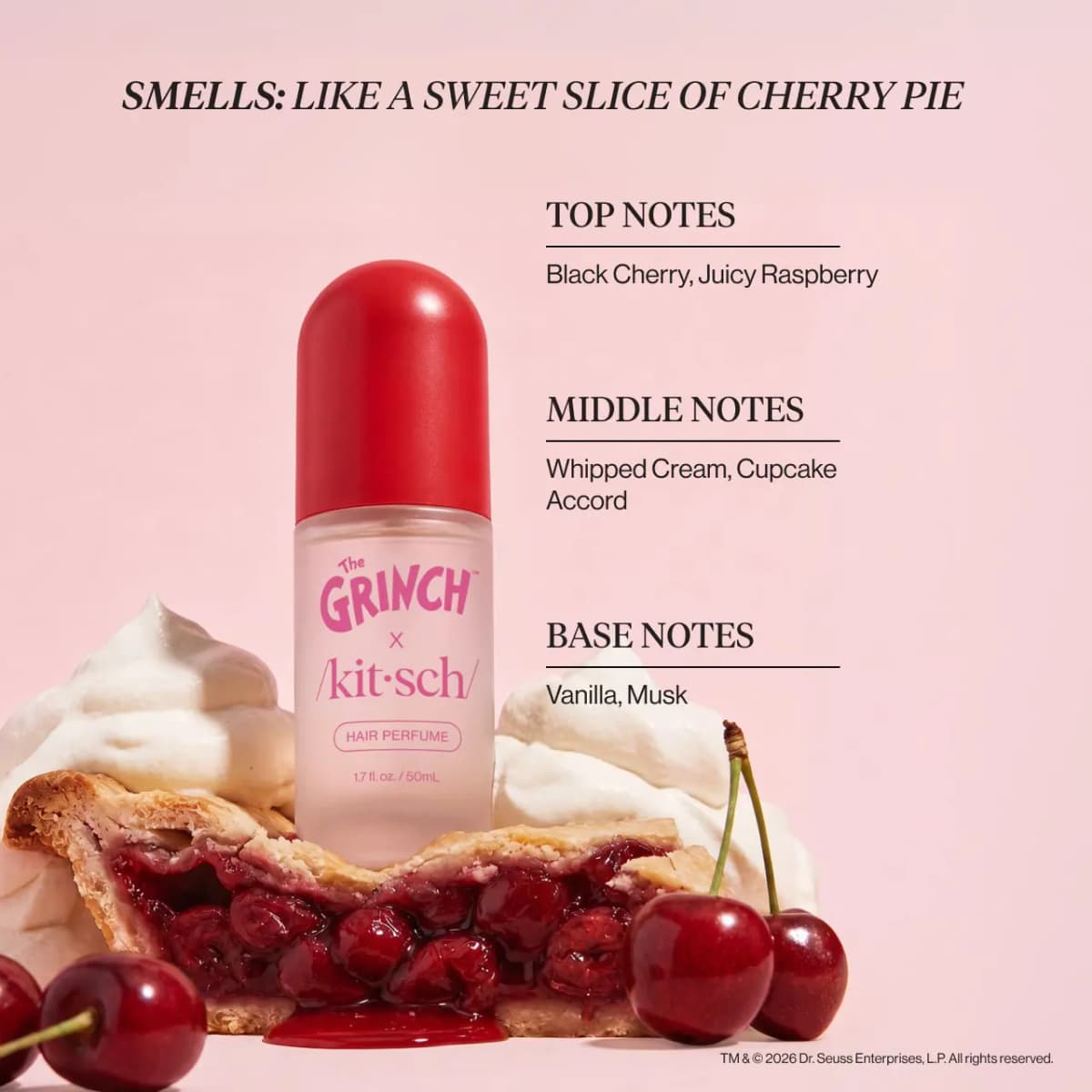 Cherry Cheer bottle on a slice of cherry pie with whipped cream and cherries, beside top, middle and base note list