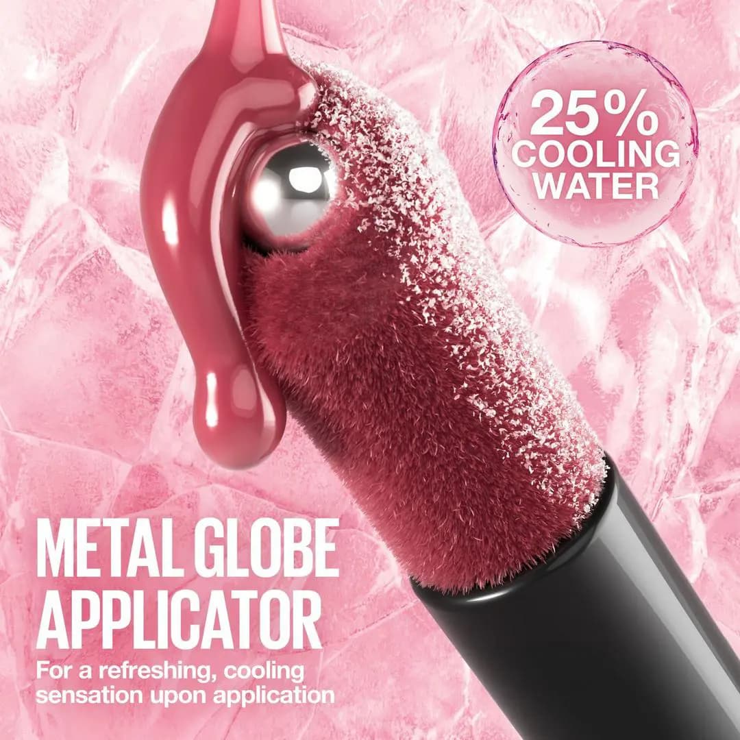 Flocked applicator with metal globe tip dripping rosy gloss, labelled 25% cooling water