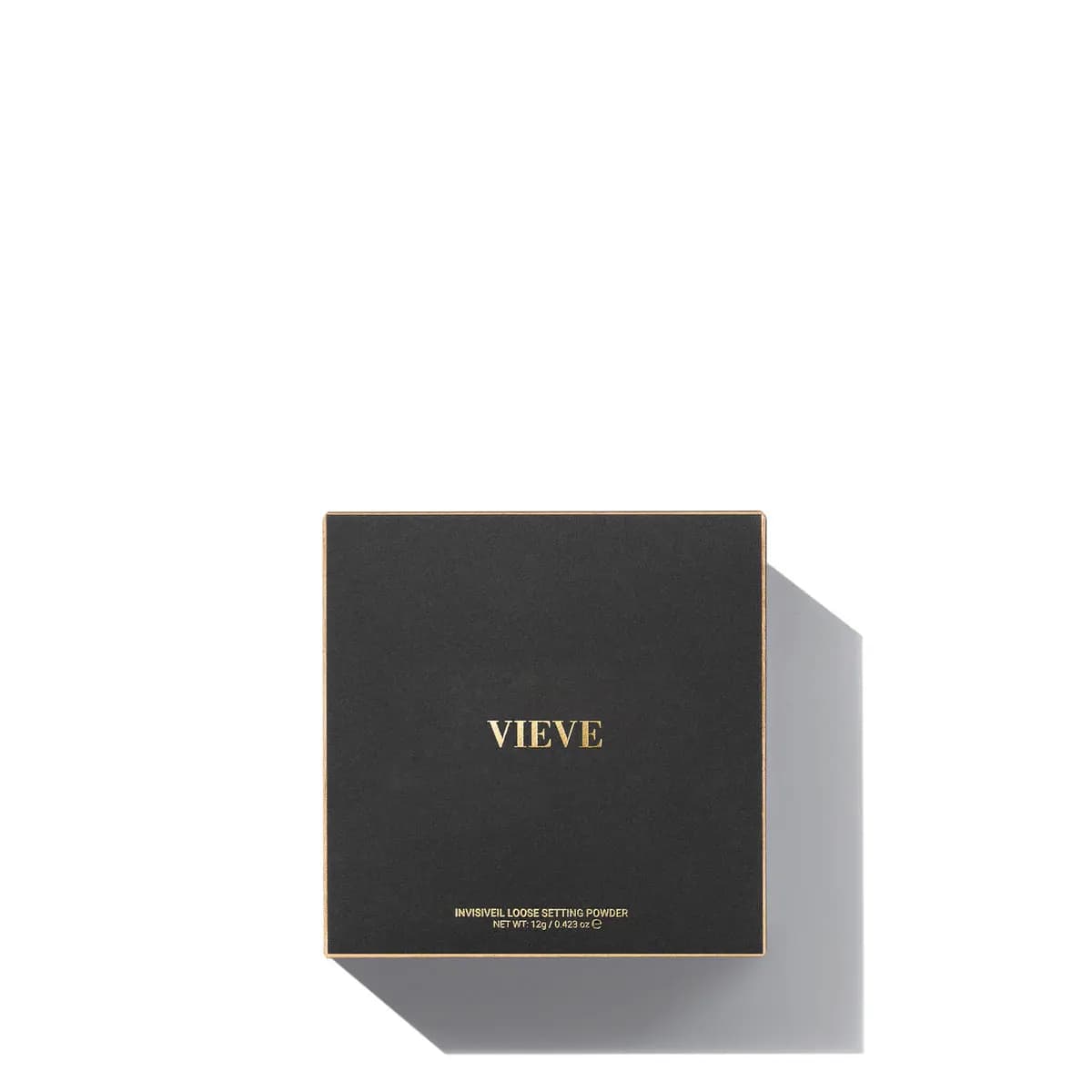 Black square box with gold edging and VIEVE logo, labelled Invisiveil Loose Setting Powder, 12g