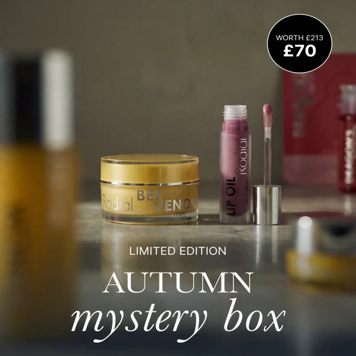 Rodial Bee Venom Moisturiser jar and grape Lip Oil on stone counter with Autumn Mystery Box text and £70 worth £213 badge