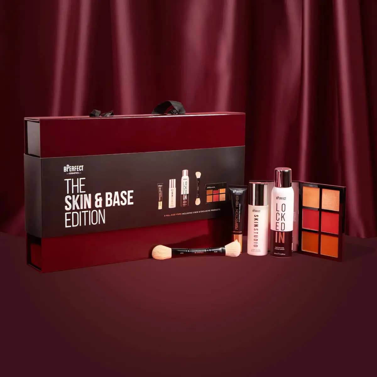 BPerfect The Skin & Base Edition box with Perfection Primer, Skin Studio essence, Locked In spray, brush and palette