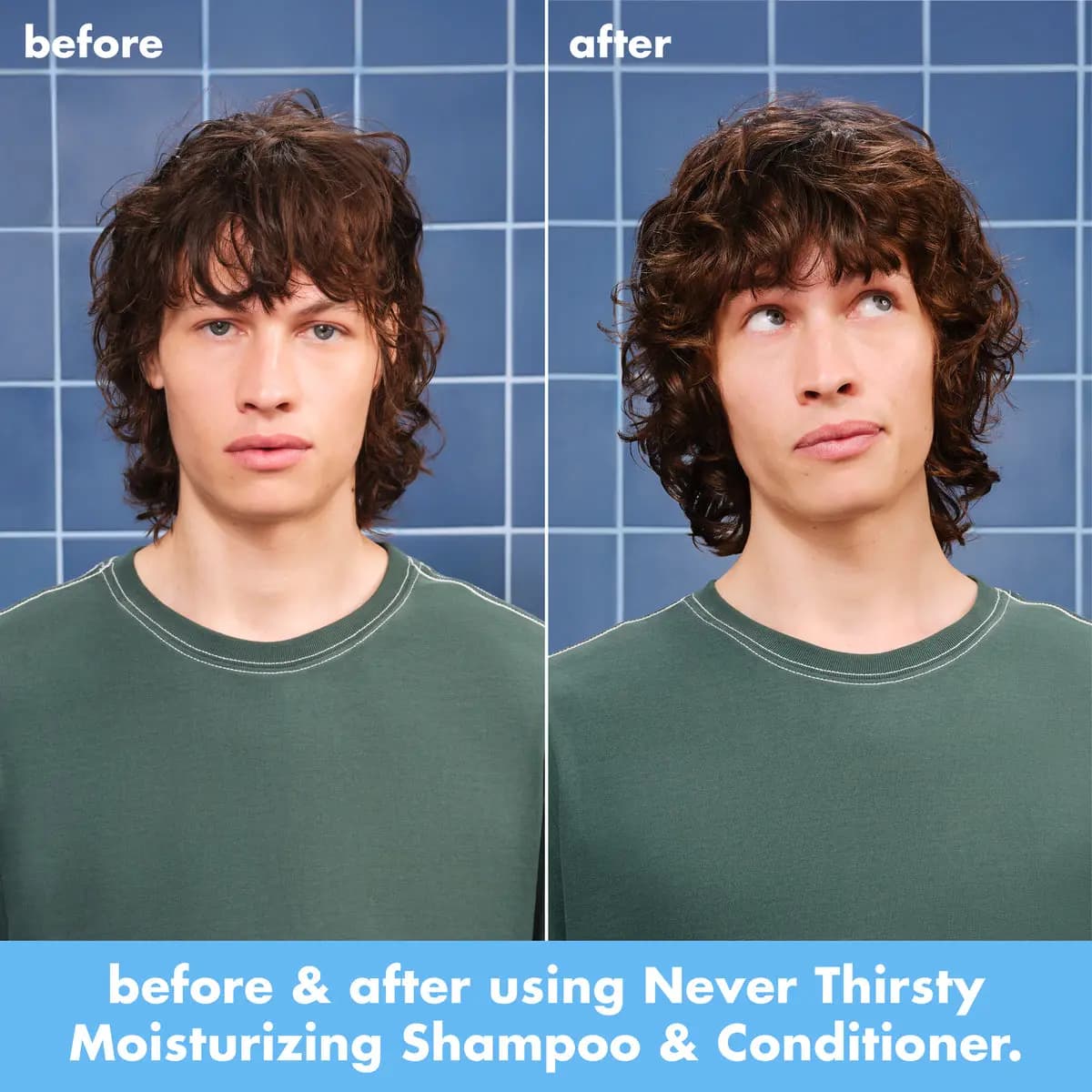 Before and after of a model's curly brown hair, frizzy then defined, after Never Thirsty shampoo and conditioner
