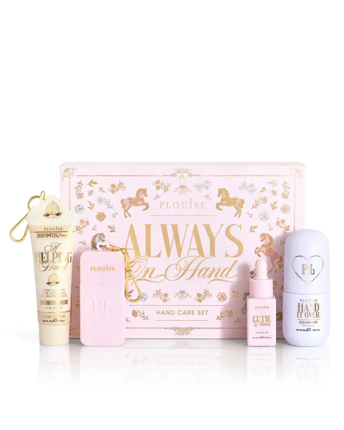 Always On Hand hand care set with hand cream, pink hand spray, Cutie Claws cuticle oil and Hand It Over serum