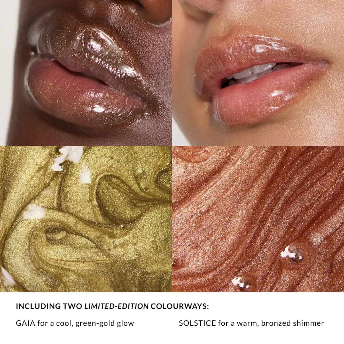 Gaia and Solstice shimmer on two models' lips above swirled green-gold and bronze gloss texture close-ups