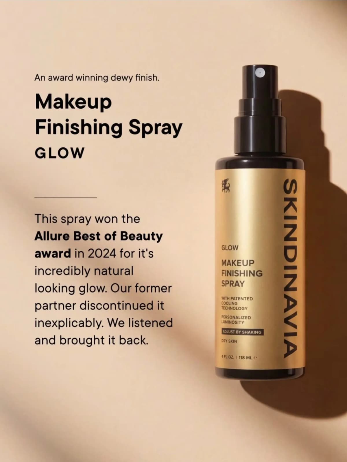 Gold Skindinavia Glow Makeup Finishing Spray on a peach backdrop, noted as an Allure Best of Beauty 2024 winner