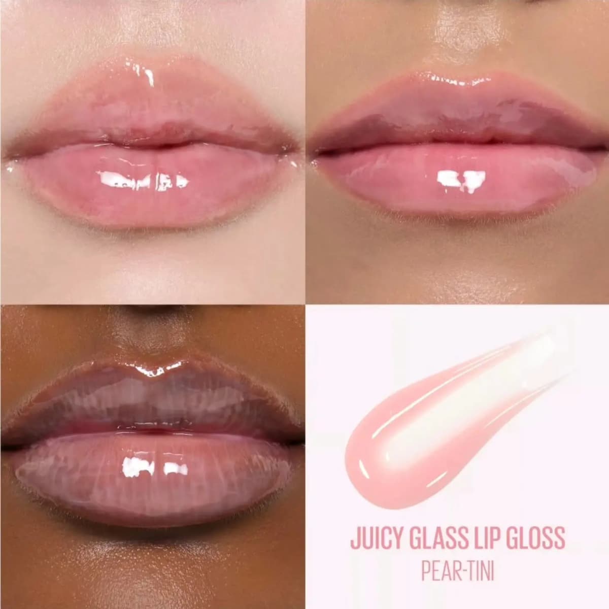 Pear-Tini Juicy Glass Lip Gloss worn on three skin tones as a sheer, glossy pink, with a product smear.