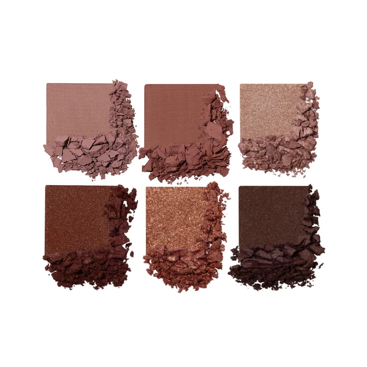 Crushed swatches of six Warm Ember shades: mauve and rose mattes, pink champagne shimmer, garnet, copper and deep brown
